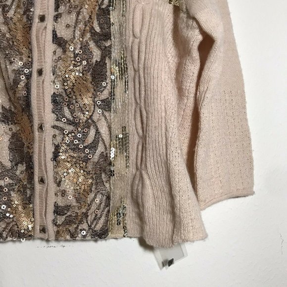 NWT Free People Cardigan Wool Blend Sequins Tan - Picture 2 of 7